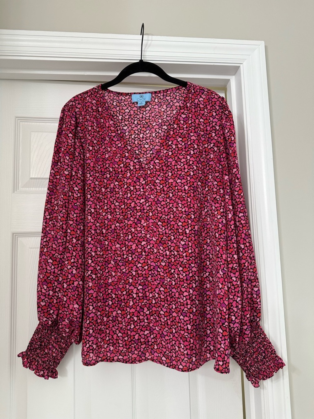 CeCe Pink & Magenta Heart-Print V-Neck Long Sleeve Blouse